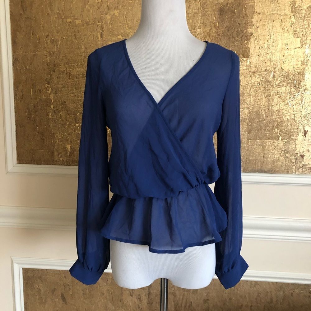 Solemio blue sheer chiffon open back blouse S